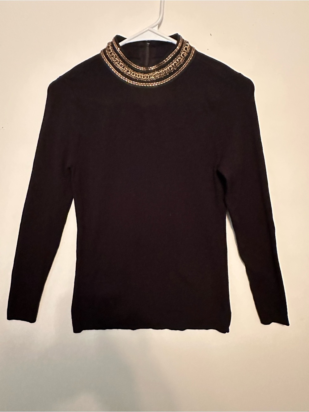 INC International Concepts Black Long-Sleeve Mock Neck Top with Gold Trim sz S